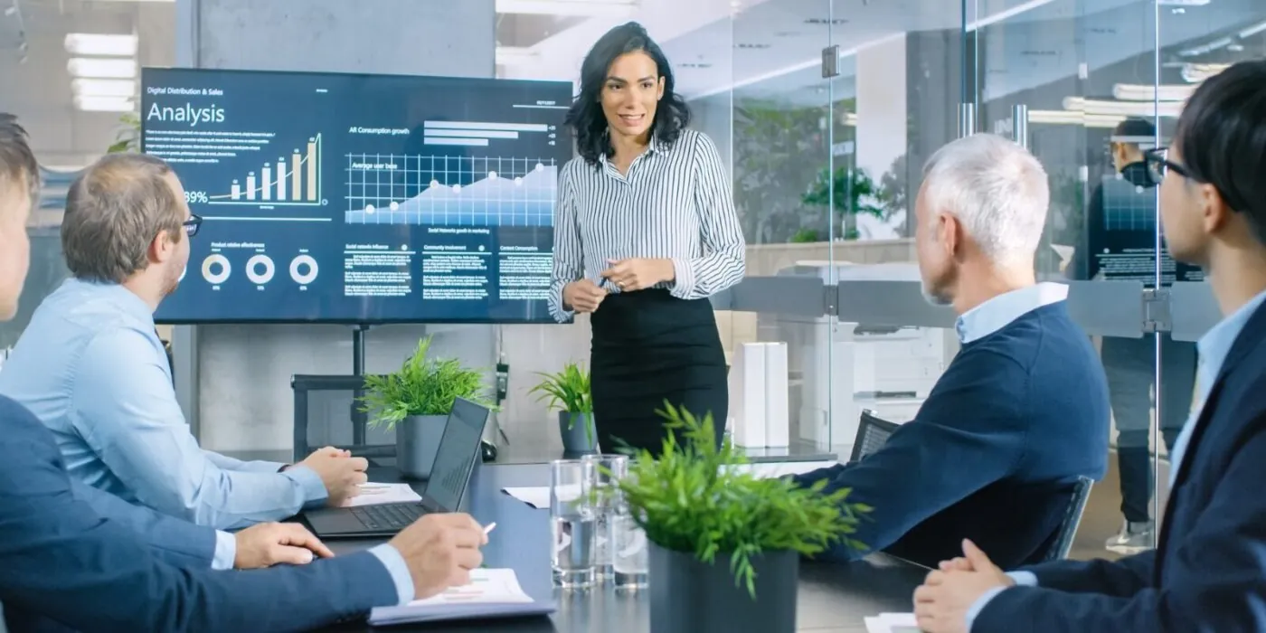 businesswoman gives report presentation