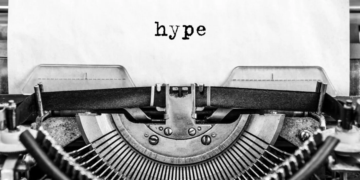 The word "hype" on a typewriter
