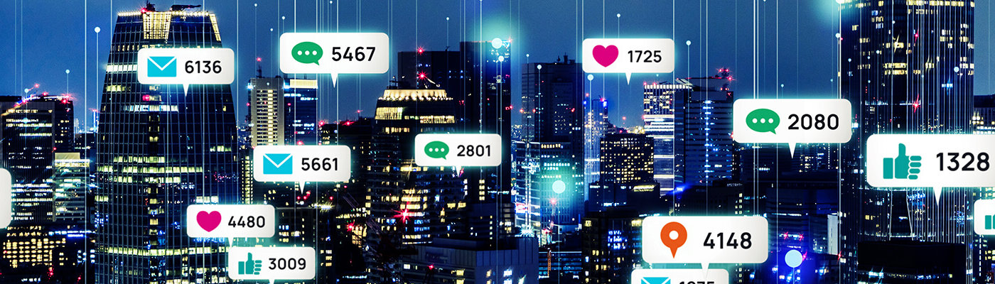 city skyline with notification pop ups