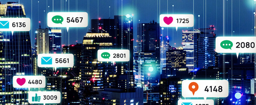 city skyline with notification pop ups