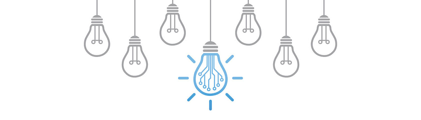 header image of several lightbulbs hanging from the ceiling, one light up in blue
