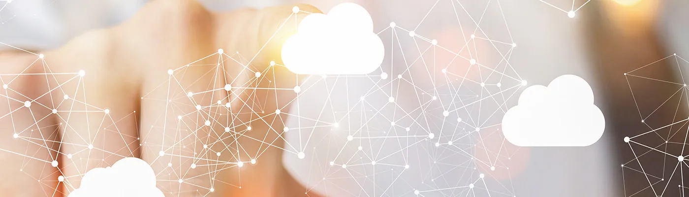 A person's finger selects a cloud icon out of a connected network.