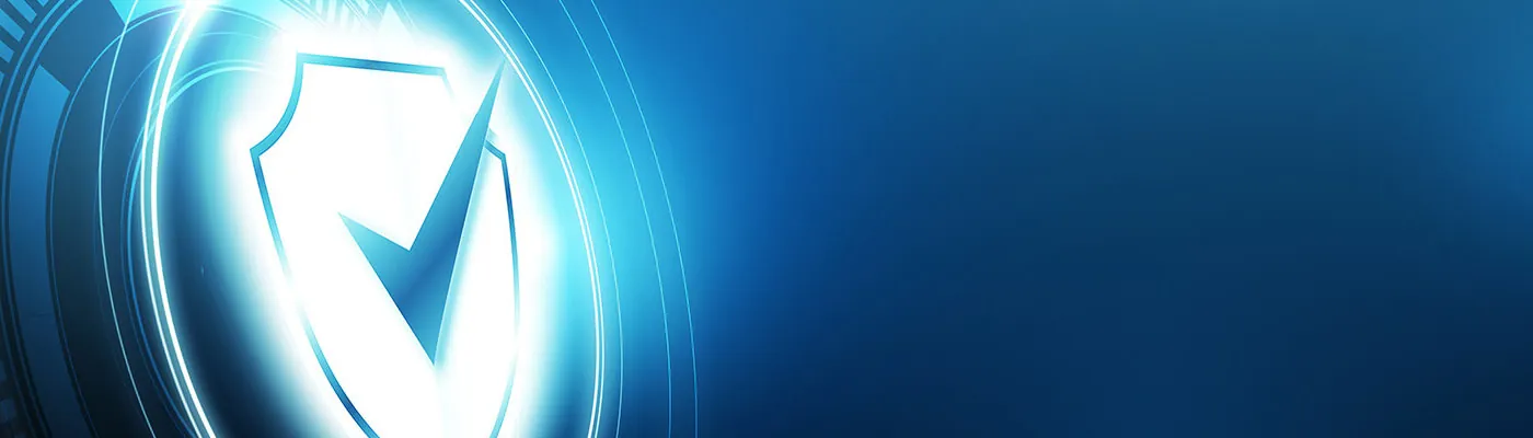 Header image of a large white shield with a check mark on a blue background, to symbolize cyber security and data governance