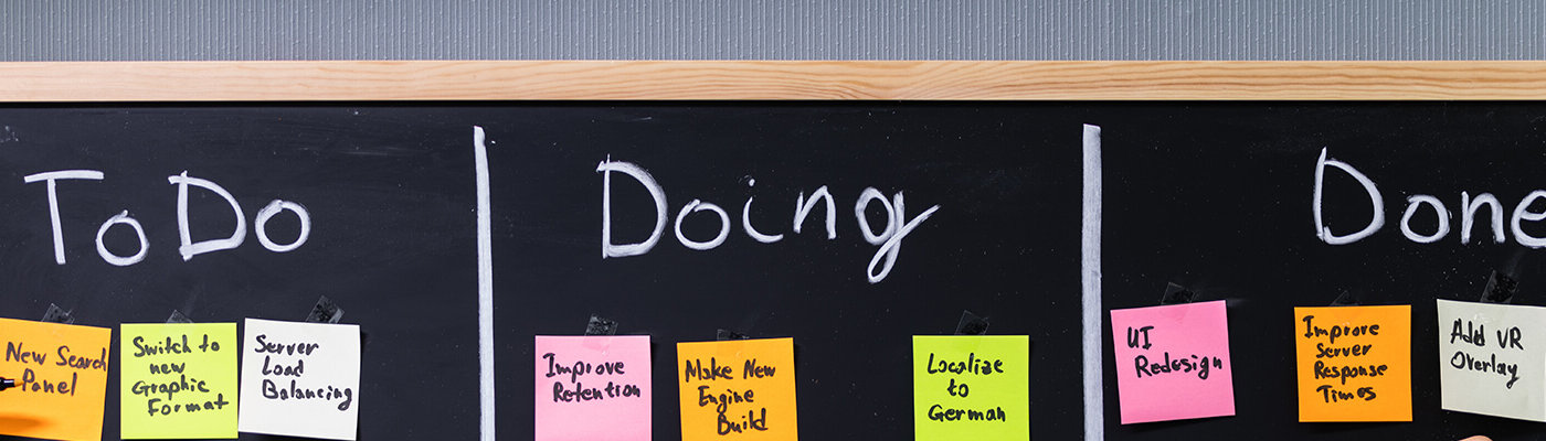 Header image of a blackboard divided into typical sprint sessions with sticky notes: To Do, Doing, Done