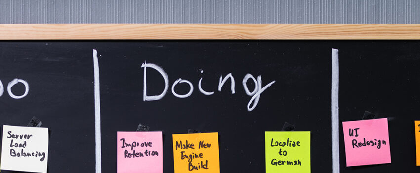 Header image of a blackboard divided into typical sprint sessions with sticky notes: To Do, Doing, Done