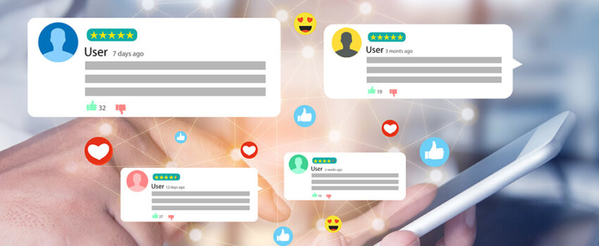 Header image showing user reviews being read on a mobile phone in the foreground along with a laptop showing graphs and charts in the background, all part of the CX tech stack.