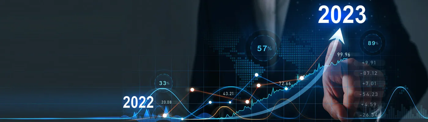 Header image of a digitalized business and technology trend graph starting in 2022 and ending at 2023