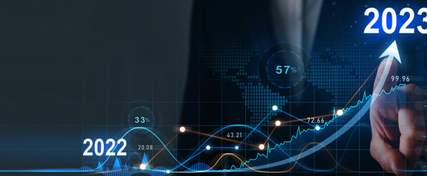 Header image of a digitalized business and technology trend graph starting in 2022 and ending at 2023