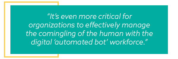 Quote callout reading: It’s even more critical for organizations to effectively manage the comingling of the human with the digital ‘automated bot’ workforce.