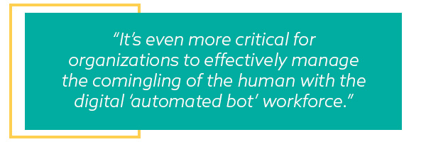 Quote callout reading: It’s even more critical for organizations to effectively manage the comingling of the human with the digital ‘automated bot’ workforce.