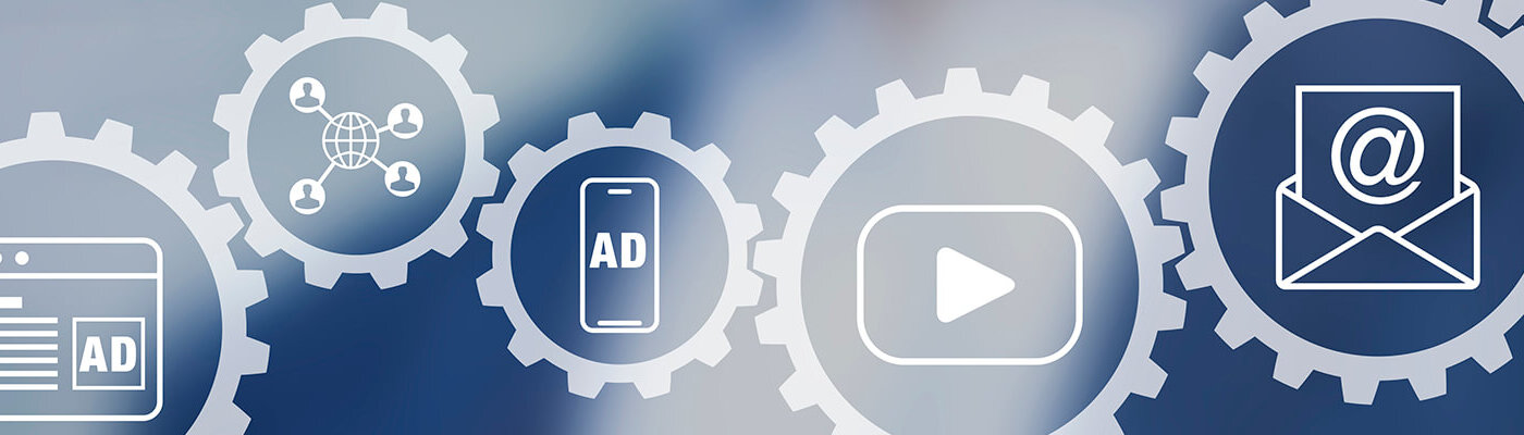header image of interconnected gears with icons detailing the various digital marketing channels such as 'email' and 'video'