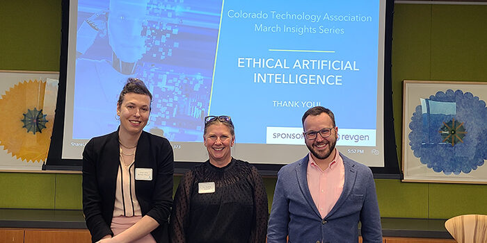 Anne Lifton, Liz Harding, and Matt Fornito pose after their panel on Ethical AI at the CTA Insights series.