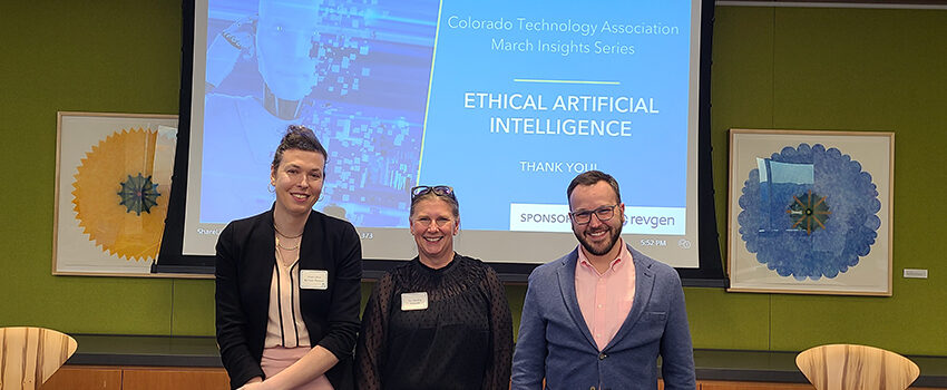 Anne Lifton, Liz Harding, and Matt Fornito pose after their panel on Ethical AI at the CTA Insights series.