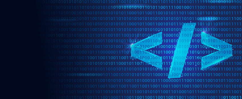 Blue zeroes and ones float over a dark blue background, imitating binary code. Overlaid is a bright blue < / > sign.