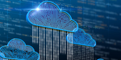 Digital representations of blue cloud icons rain binary 0s and 1s.