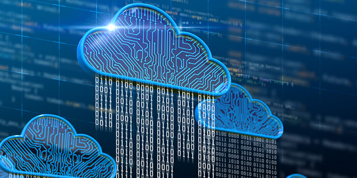 Digital representations of blue cloud icons rain binary 0s and 1s.