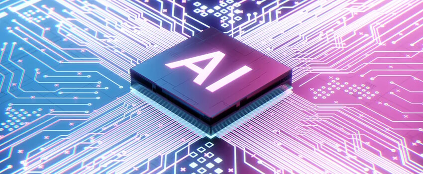 A circuit board in tones of blue and pink is powered by a chip that reads "AI"