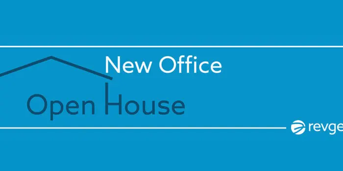 A logo reading New Office Open House on a bright blue background.