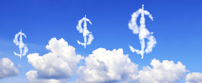 An image of clouds against a blue sky. several of the clouds are shaped like dollar signs.