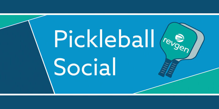 A logo reading Pickleball Social on a blue and green background shaped like a pickleball courts. There are also pickleball paddles bearing the RevGen logo.