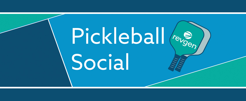 A logo reading Pickleball Social on a blue and green background shaped like a pickleball courts. There are also pickleball paddles bearing the RevGen logo.