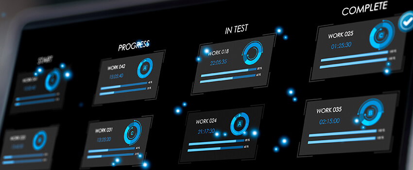 A laptop screen displays the phases of software development in various states of completion, as indicated by blue circles.