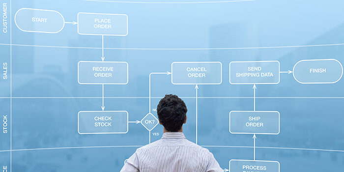 A man stands in front of a projected screen showing their process mapping results.