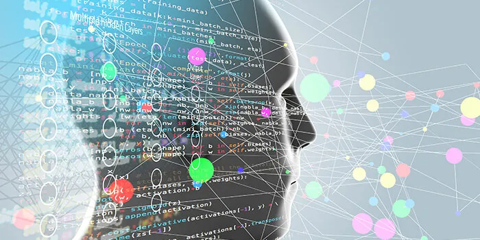 Image of a man's face overlaid with coding and interconnected, multi-color network nodes
