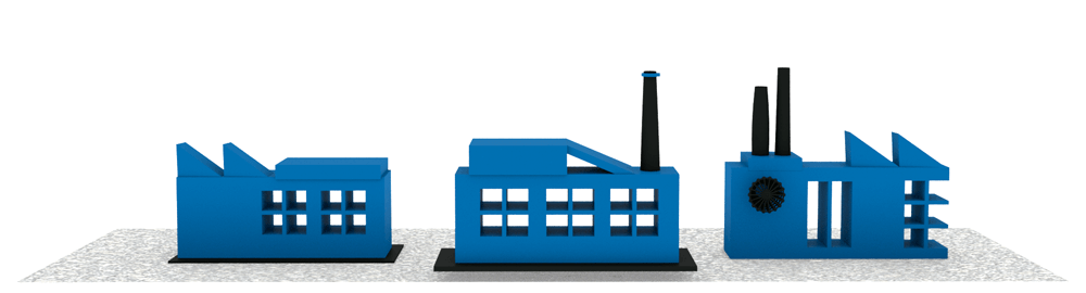 Three 3D factory buildings.