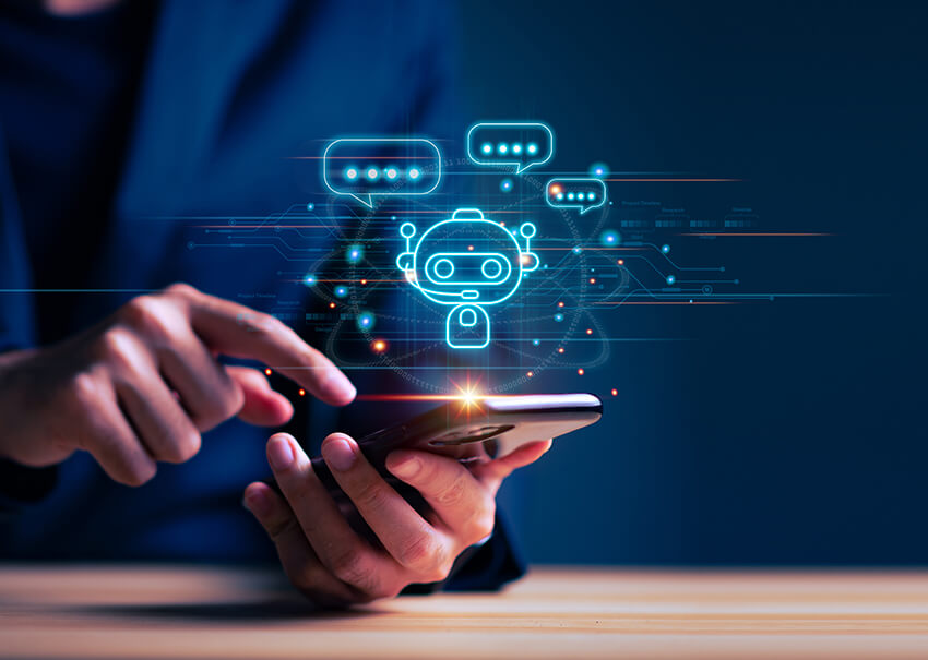 A man chats on his phone with an AI chat bot