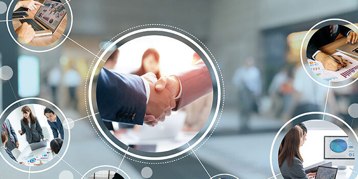 A picture of two people shaking hands is connected to several other images showing people collaborating on reporting.