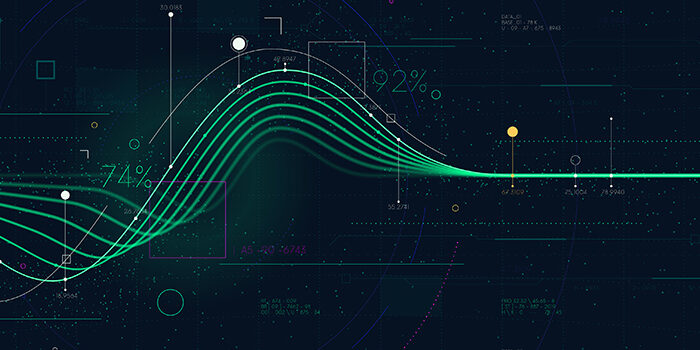 Several green lines intersect on a dark background, weaving into a single bright green line, representing the various sources of data on a data fabric.