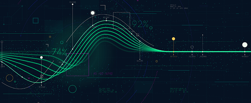 Several green lines intersect on a dark background, weaving into a single bright green line, representing the various sources of data on a data fabric.