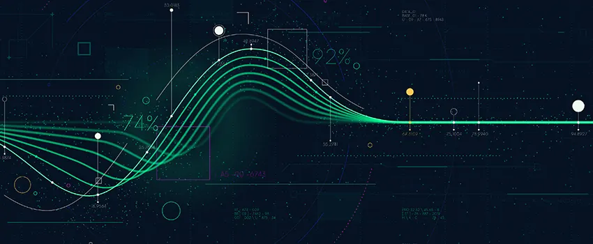 Several green lines intersect on a dark background, weaving into a single bright green line, representing the various sources of data on a data fabric.