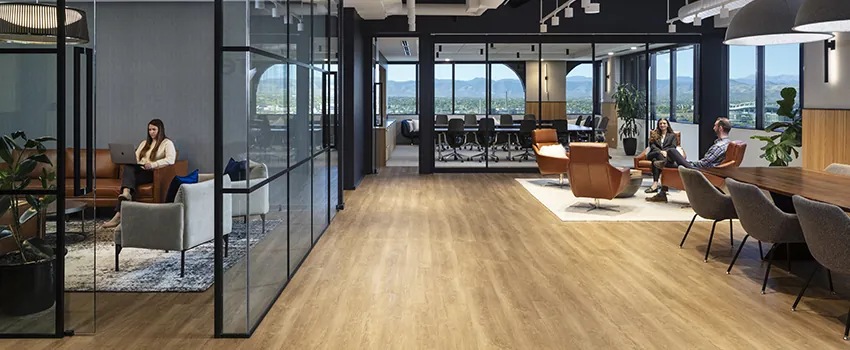 A shot of the lobby of the RevGen office, highlighting the panoramic mountain views