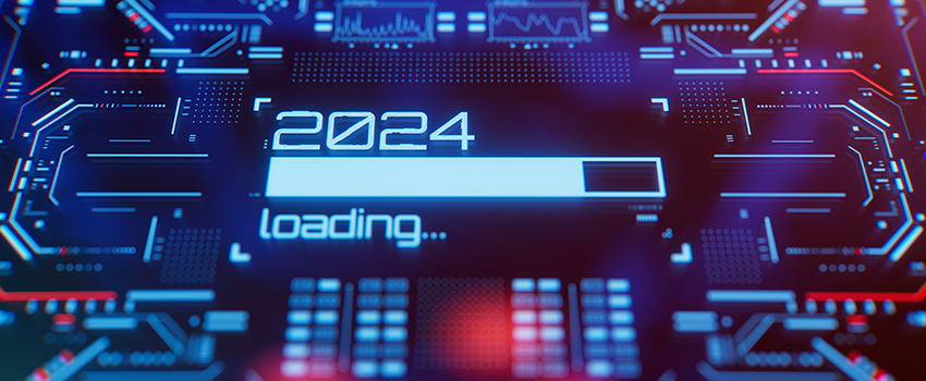 The Text "2024 Loading" and a progress bar is superimposed on a blue and red circuit board