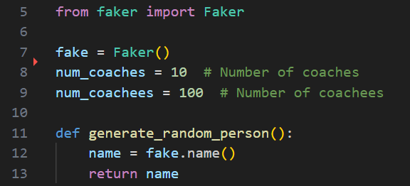 Coaching Data code example - creating Faker data.