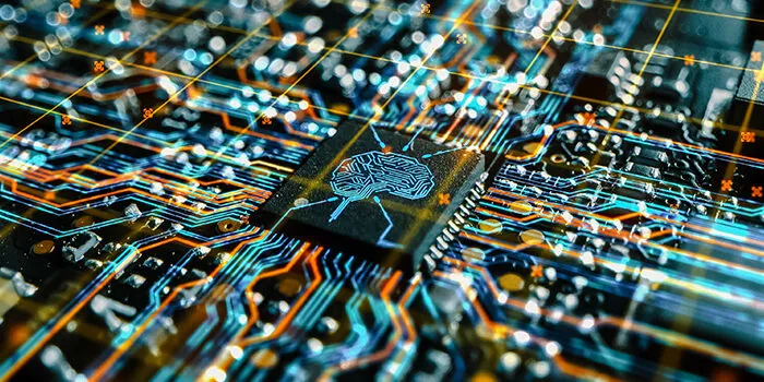 A circuit board with a processor bearing an image of a brain