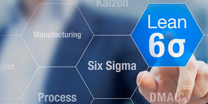 A man selects an icon representing Lean and Six Sigma from a panel of icons.