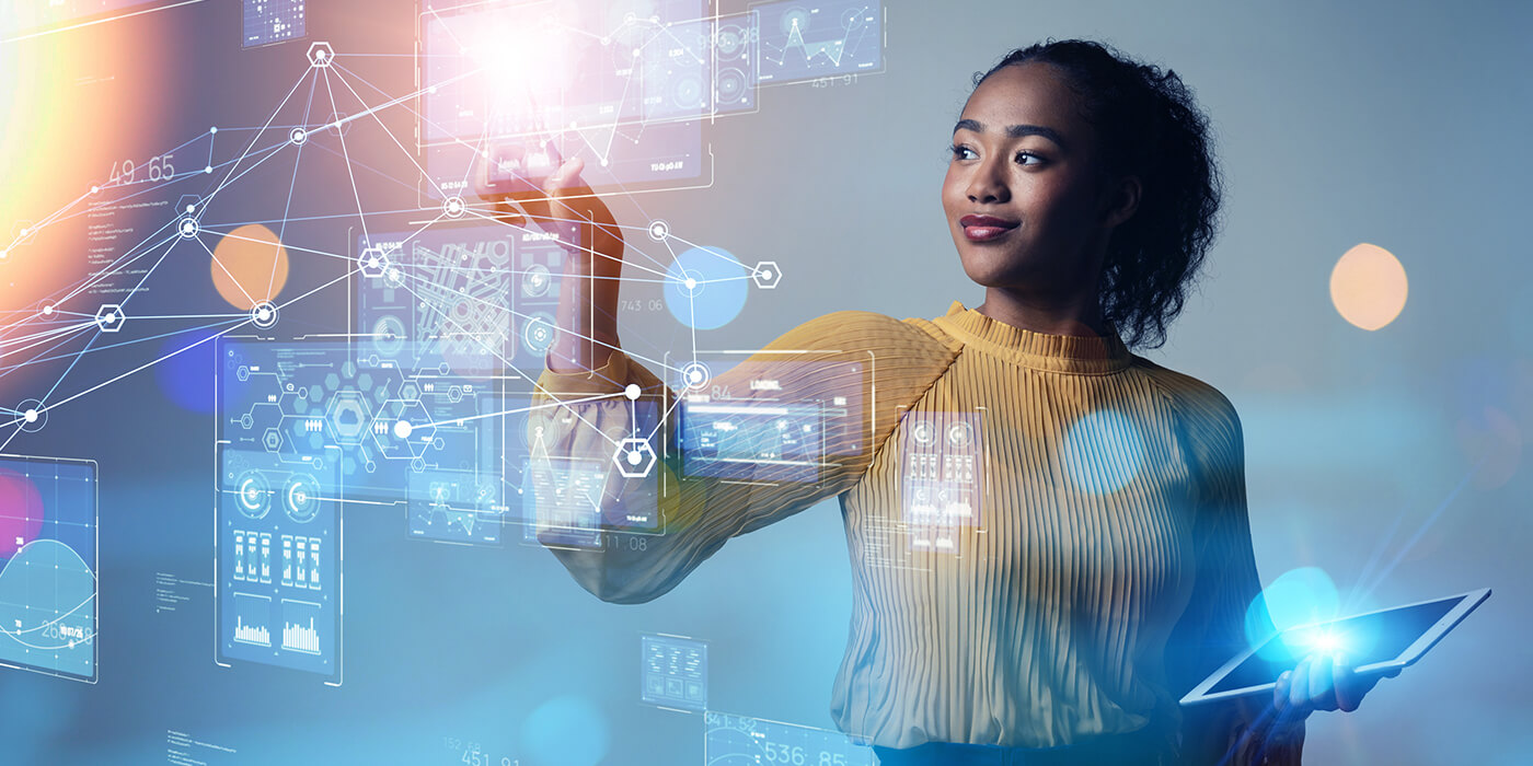 A black business woman manipulates a holographic data network