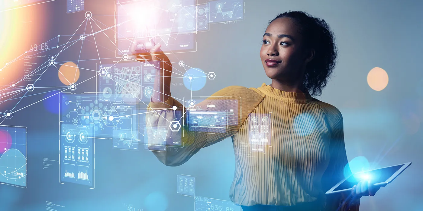 A black business woman manipulates a holographic data network