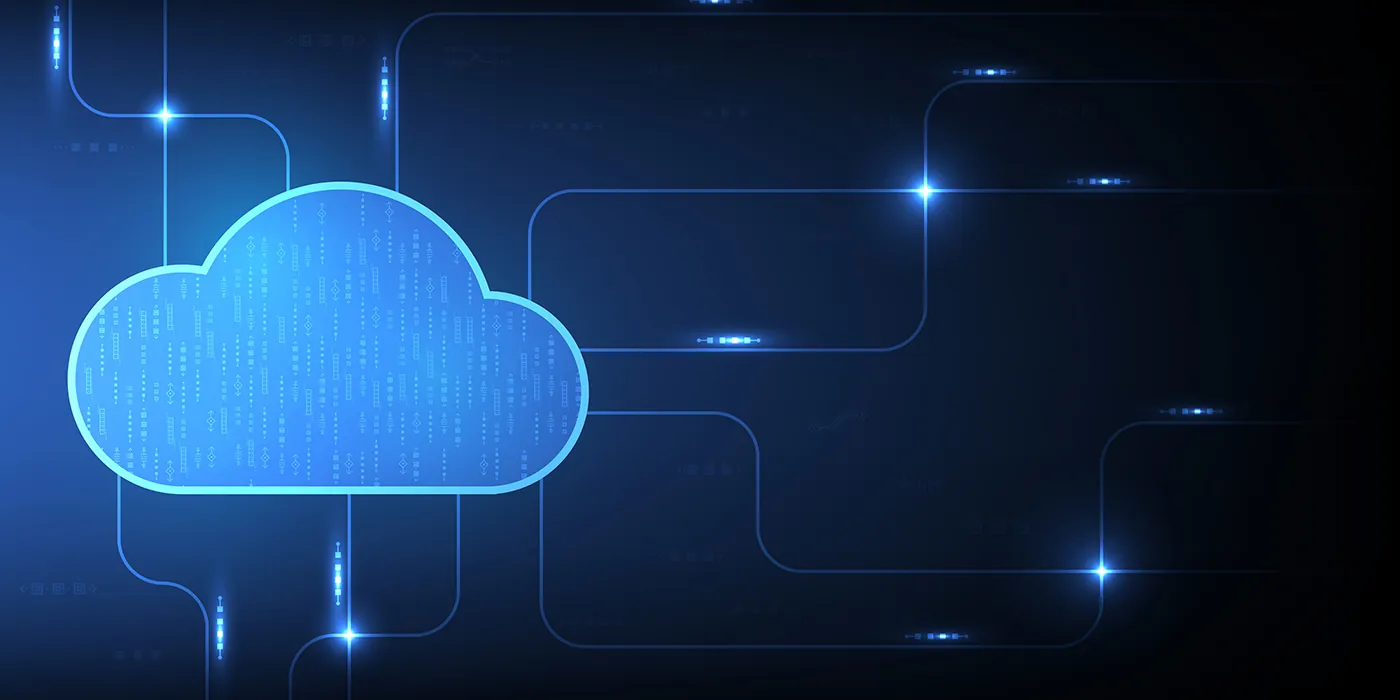 A blue 'cloud' icon stretches out to connect to blue nodes