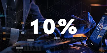 a person working on a laptop with data displayed. "10%" is written atop thie picture