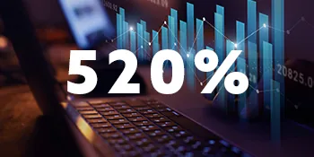 a laptop with a bar chart on screen. "520%" is written overtop in white text