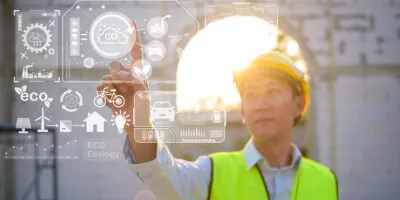 A worker in a safety vest and construction helmet manipulates a hologram displaying data