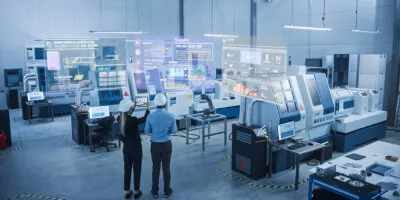 Two quality control engineers look at a factory floor with holographs of data displayed above the machines