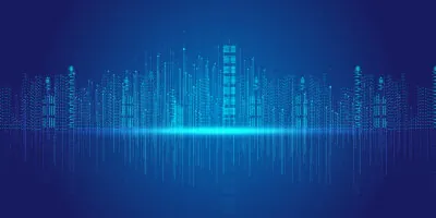 Virtual particle digital city skyline on dark blue background