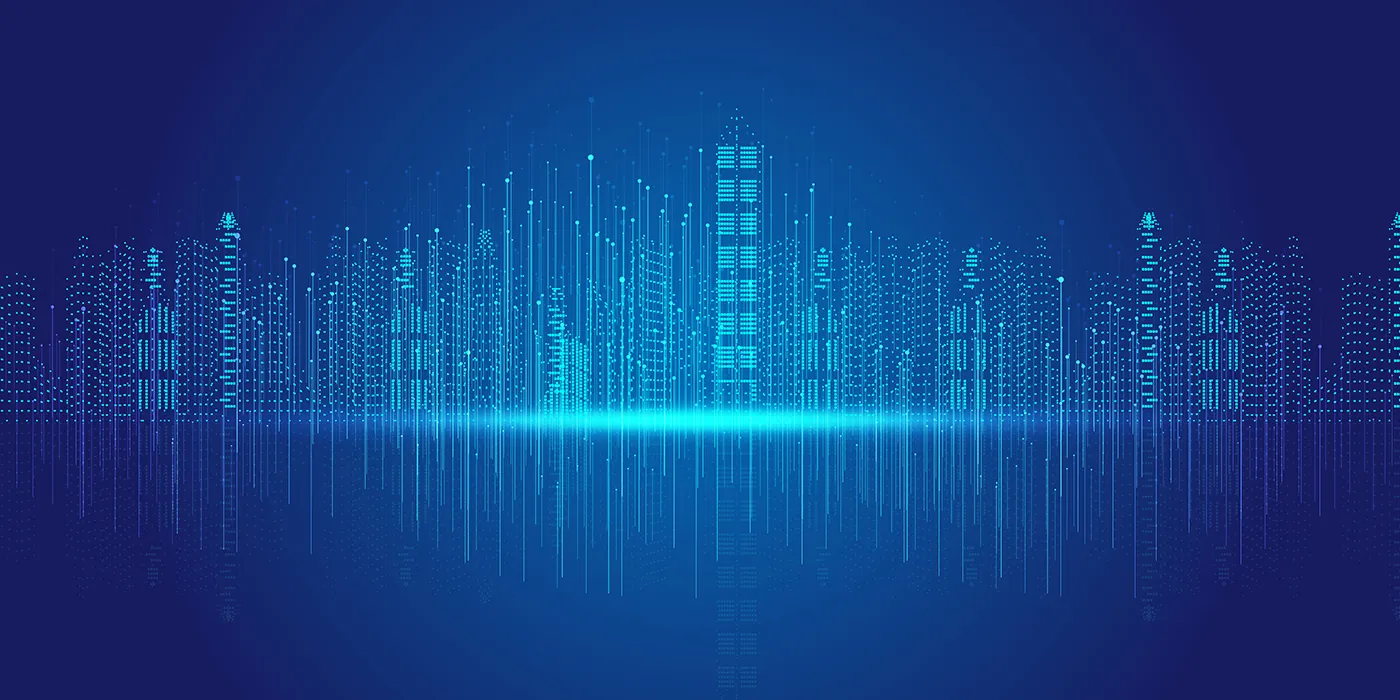 Virtual particle digital city skyline on dark blue background