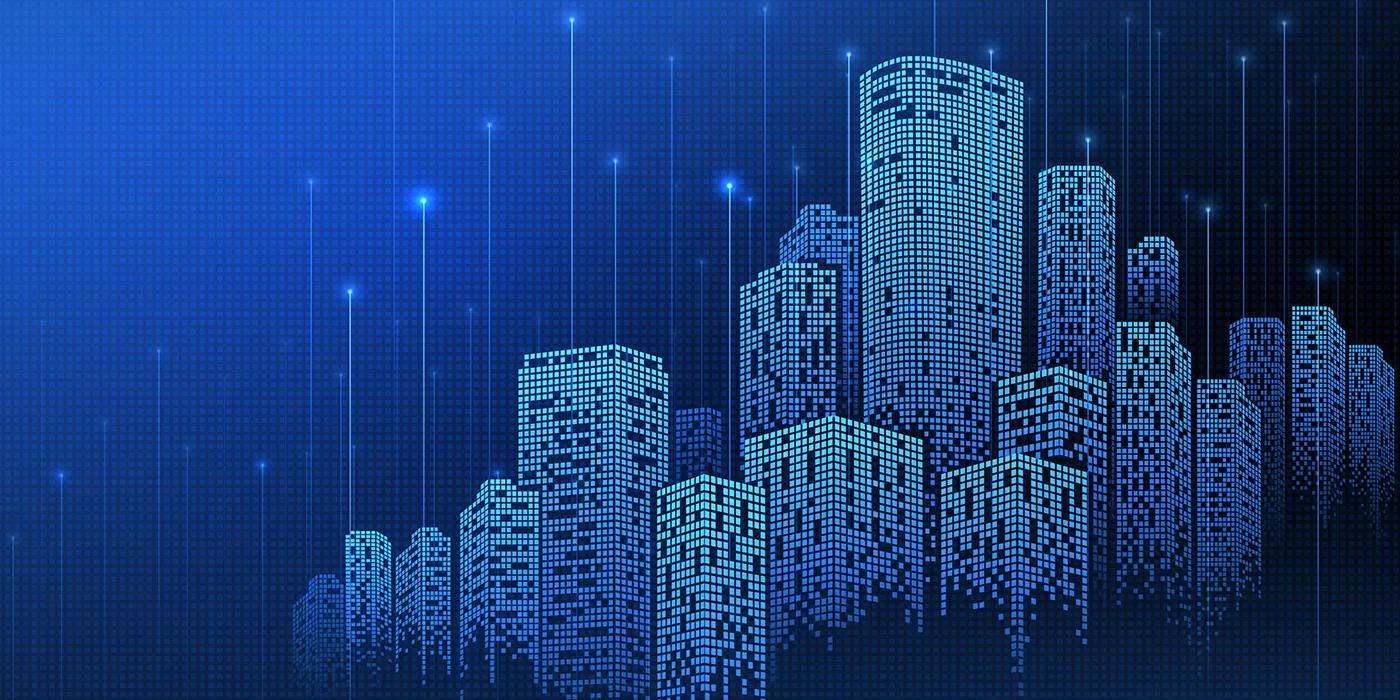 A blue cgi skyline of a generic city