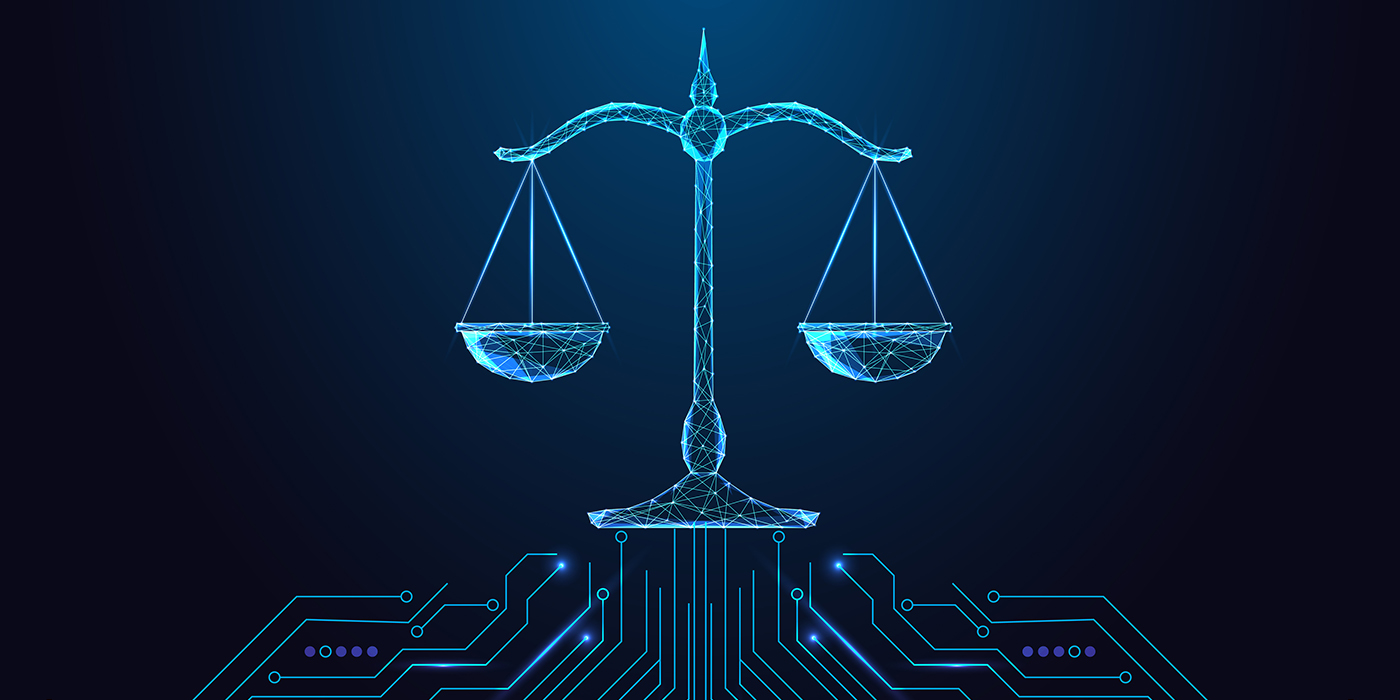 AI Ethics and Governance symbolized by a digitized set of scales fed by blue circuitry